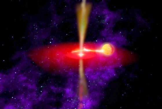 This artist's conception shows hot gas being siphoned from a companion star and riding upon a wave of space-time around a black hole.