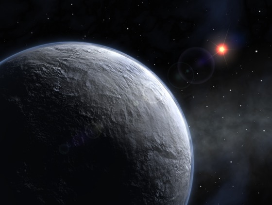 An artist's conception shows the chilly planet OGLE-2005-BLG-390Lb with its home star in the distance. The star is about a fifth the mass of our sun, and the planet is about five and a half times as massive as Earth.
