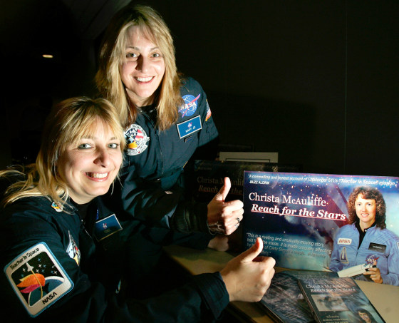 "This was a big story that needed to be told," says filmmaker Mary Jo Godges, right, who with fellow filmmaker Renee Sotile posed prior to a showing of their documentary at Christa McAuliffe's alma mater on Tuesday.