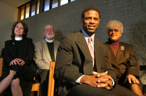 From left, Rev. Martha Clark, retired Rev. Bruce Eberhardt, convention delegate Julian Tait, and Janet Eberhardt, seen at St. Augustine's Episcopal Church, Washington, D.C., on Thursday, are in charge of a push to get the late Thurgood Marshall recognized as a saintly person.