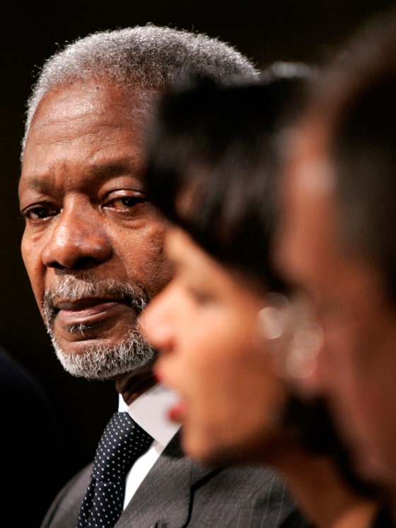 Secretary of State Condoleezza Rice speaks in London on Monday while U.N. Secretary-General Kofi Annan, left, listens. Hamas has said it will ask Arabs and Muslims for money if the U.S. and Europe cut back.