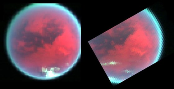 False-color images of Titan, obtained by the Cassini probe's Visual Infrared Mapping Spectrometer, highlight bright clouds that are in contrast to dark surface features. The clouds reside above most of Titan's atmospheric absorption.