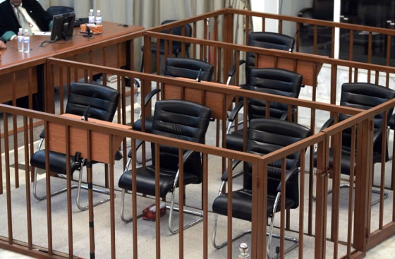 Empty defendants' dock is seen during the trial of former Iraqi leader Saddam Hussein in Baghdad
