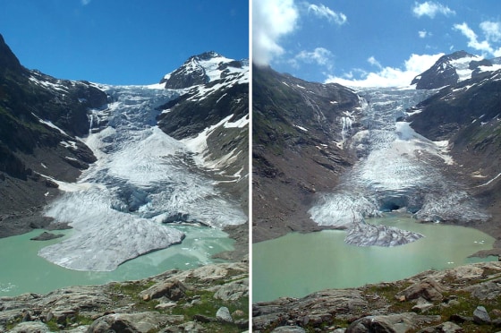 Switzerland’s Trift glacier retreated by more than 600 feet between 2004, left, and 2005.