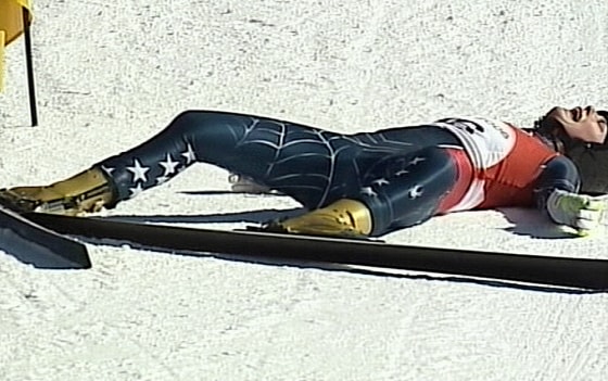 Lindsey Kildow of the United States was treated for severe back and hip contusions after crashing during a training run in the downill Monday.