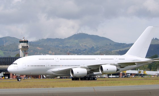 The jumbo jet A380 is seen in the airport of Medellin, Colombia earlier this year in this file photo. The huge challenge of piecing together the gigantic aircraft is just as great as the plane itself.