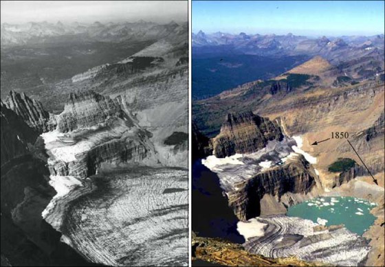 Grinnell Glacier in Glacier National Park is seen in the summer of 1938, left, and the summer of 1981. By 1993, the glacier had shrunk two thirds in area and had retreated by two thirds of a mile since 1850.