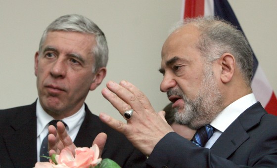 British Foreign Secretary Jack Straw, left, and Iraq's prime minister Ibrahim Al-Jaafari talk to the media following their meeting in Baghdad, Iraq, on Tuesday.