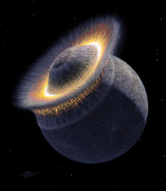 This artist's rendering illustrates a giant impact scenario similar to one that likely resulted in the two newly discovered moons of Pluto.