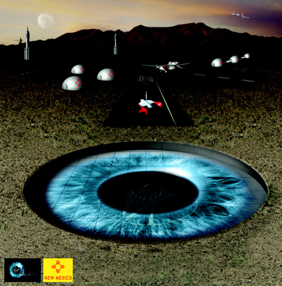 This artist's conception shows a spaceport with runways and an iris-shaped logo set in the New Mexico desert. Most of the facilities would be underground. 