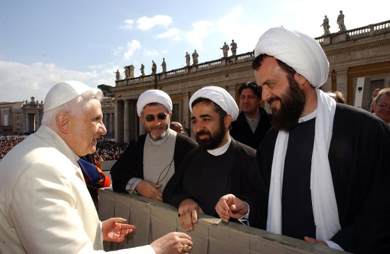 Pope Benedict XVI speaks with members of a Muslim delegation from the United States during an open-air general audience in St. Peter's Square an on March 1.