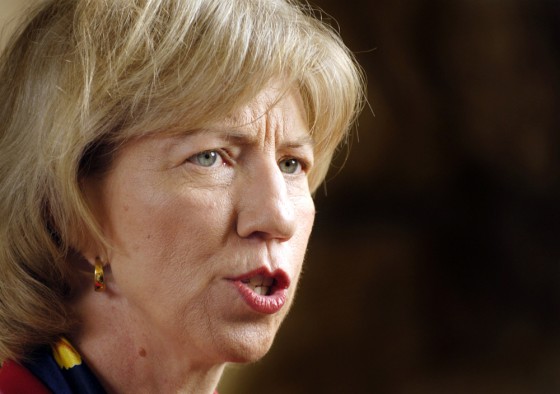 File photo shows US Interior Secretary Norton speaking to media after a ceremony in Santa Barbara