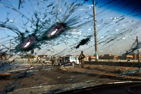 The windshield of a car in a Sunni convoy following an attack earlier this month.