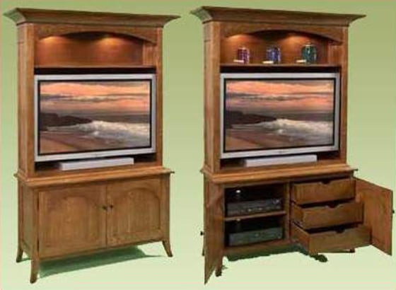 The Amish Mt. Eaton/Bunker Hill Plasma Entertainment Center can house all your home electronics that its makers believe could lead to your eternal damnation.