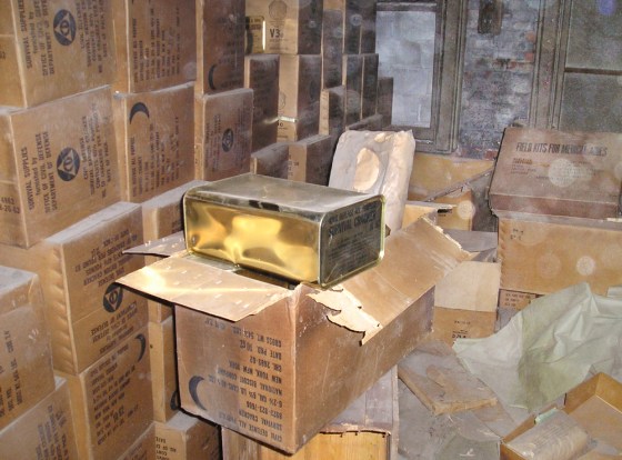 A cache of survival ration crackers from the Cold War-era are stacked alongside medical field kits in a storeroom unearthed under the Brooklyn Bridge in New York last week.