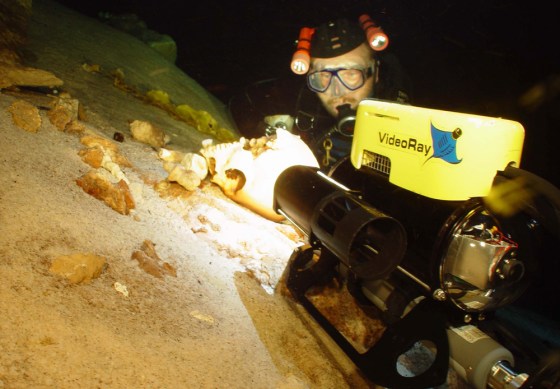 Biologist Tom Iliffe of Texas A&M University studies a centuries-old human skull found in the submerged cave systems of the Yucatán during an expedition. The skull may have come from the victim of a sacrifice to the Mayan rain god.