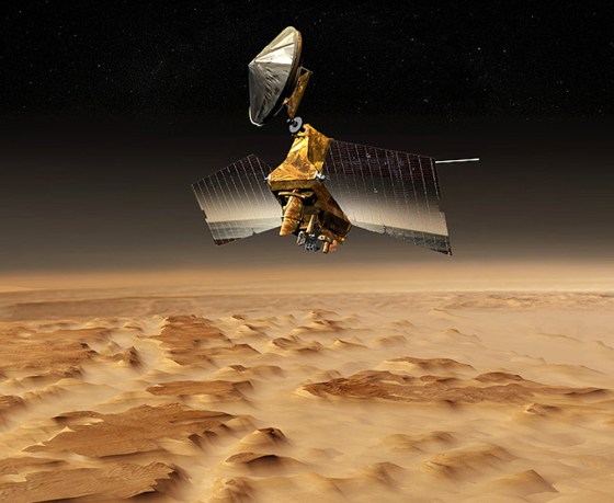 An artist's conception shows the Mars Reconnaissance Orbiter flying over Red Planet terrain. The probe's telescopic camera, known as the High Resolution Imaging Science Experiment or HiRISE, is the golden-colored tube pointing downward from the center of the spacecraft.