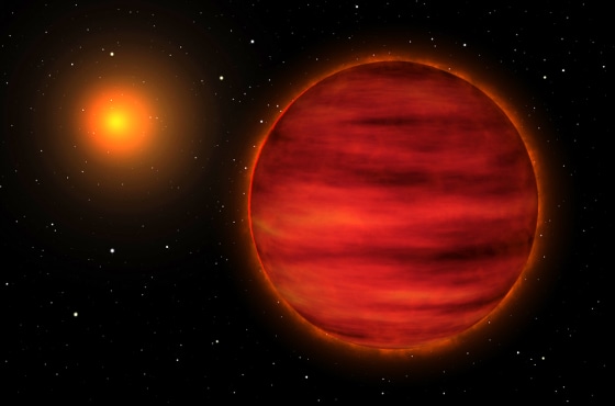 An artist's depiction of the brown dwarf (right) orbiting its red star parent SCR 1845-6357.