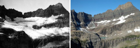 These photographs show how Glacier National Park's Shepard Glacier has changed over 92 years, as seen from Pyramid Peak. The left picture was taken in 1913, and the right picture was taken in 2005.