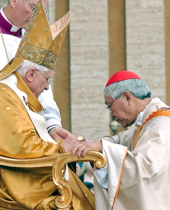 Newly elevated Cardinal Zen of Hong Kong receives his ring from Pope Benedict XVI at the Vatican