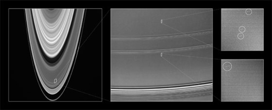 A collection of Cassini images providing context for the location and size of the propeller-shaped gaps found in Saturn's A-ring.