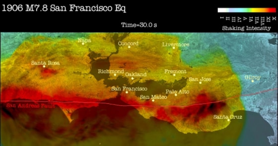 Simulation shows widespread shaking 30 seconds after the start of the San Francisco quake.