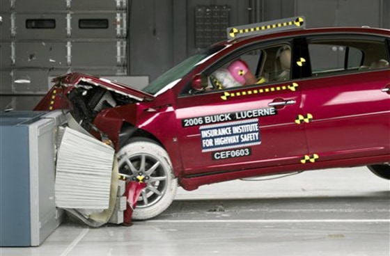 This undated photo provided by the The Insurance Institute for Highway Safety shows the institute's front-end crash test of a 2006 Buick Lucerne.