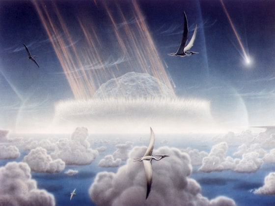 This artist's conception shows a massive asteroid slamming into Earth while pterosaurs fly by. Is this how the Chicxulub meteor impact looked 65 million years ago, or did some other event lead to the end of the dinosaur era?