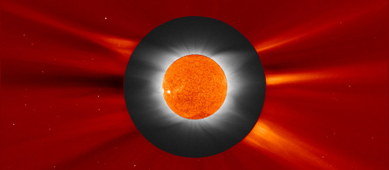 This image merges reddish views of the sun's disk and the outer part of the corona from the Solar and Heliospheric Observatory with a black-and-white photograph of the sun's inner corona, taken from a Greek island by the Williams College Eclipse Expedition. Merging the imagery lets astronomers trace features in the corona from their bases on the sun's surface up until the gas escapes into interplanetary space.