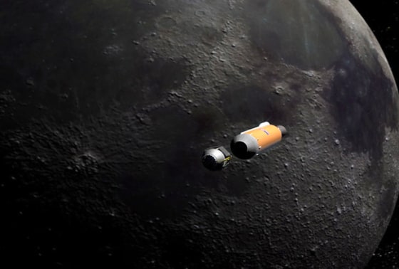 In this artist's concept, the upper stage (right) and a "shepherding spacecraft" (left) approach the moon before impacting at the south pole. 