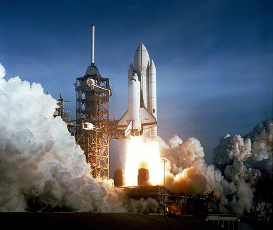 Space shuttle Columbia launches skyward on April 12, 1981 on NASA's first-ever shuttle flight, STS-1.