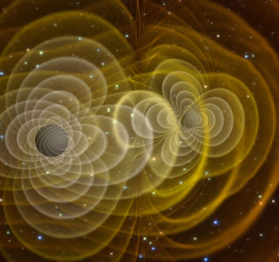 The opening frames of a NASA simulation show two black holes and their associated force fields as they near each other.