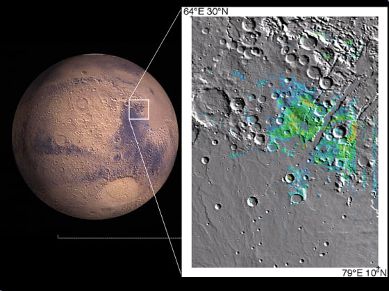 A region rich in clay minerals is highlighted by a white box on the hemispheric view of Mars, and detailed in the map on the right. The map shows the presence of water-bearing clay minerals identified by OMEGA data in the Syrtis Major region, where blue indicates small amounts and orange-red indicates large amounts. 