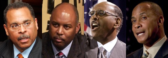 From left to right, four prominent African-American candidates running on the Republican ticket: Ken Blackwell, who is running for governor in Ohio; Keith Butler, a Senate candidate in Michigan; Michael Steele, a Senate candidate in Maryland; and Lynn Swann, running to become Pennsylvania's governor.
