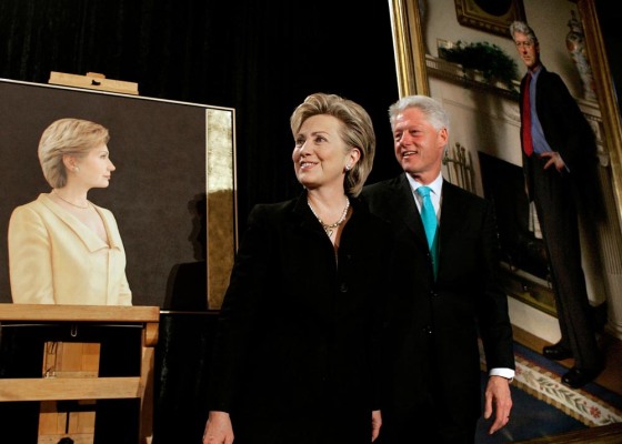 Former Democratic President Bill Clinton and Senator Hillary Clinton (D-NY), seen unveilnig their official portraits for the National Portrait Gallery earlier this year, have become hot for political ads, both pro and con.