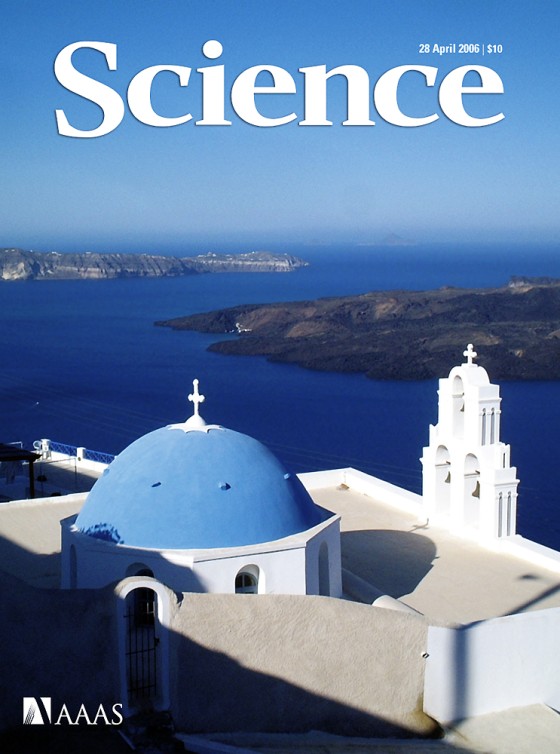 View of Santorini, Greece, from Fira. The Akrotiri peninsula (top left) was an area of major Bronze Age settlement that was destroyed but preserved by a massive volcanic eruption, which has now been dated to the 17th century B.C., a century earlier than previously thought.