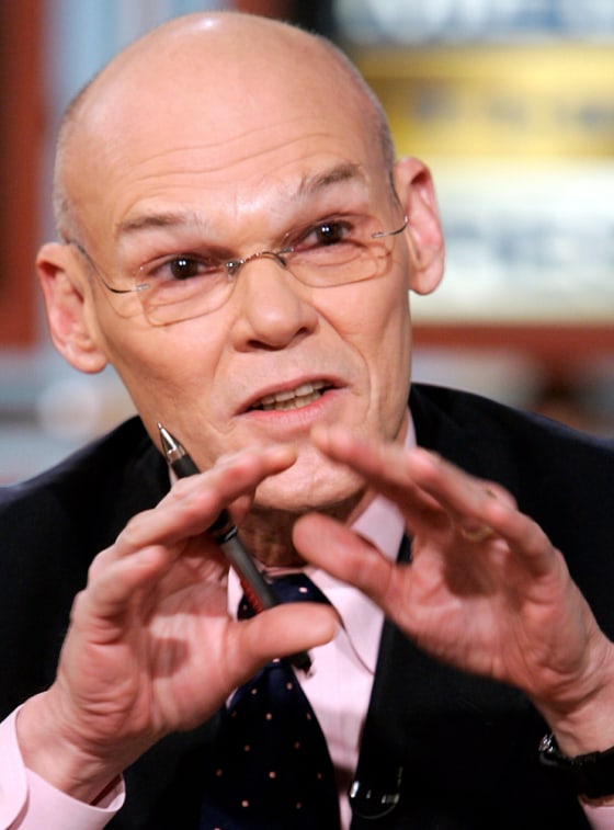 Democratic strategist James Carville gestures as he speaks during a taping of \"Meet the Press\" in Washington