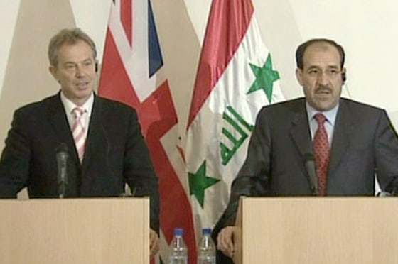 British Prime Minister Tony Blair meets with the new Iraqi Prime Minister, Nuri al-Maliki, during a surprise visit Monday to mark the formation of a new Iraqi government.