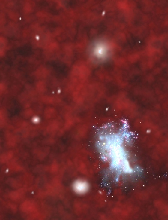 An artist's conception shows a collection of hot, blue stars in an early dwarf galaxy surrounded by reddish hydrogen gas.