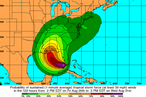 This type of graphic, showing probabilities of tropical force winds as Katrina sped towards the coast last Aug. 26, is now&nbsp;being used by&nbsp;National Hurricane Center&nbsp;forecasters.