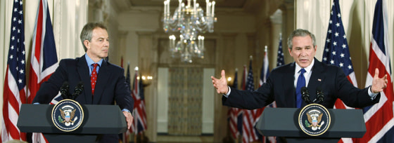 US President Bush holds joint news conference with British Prime Ministers Blair in Washington