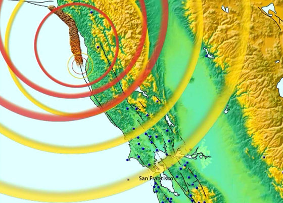 This simulation shows an earthquake rupturing along the San Andreas fault from the north toward San Francisco. The energy radiating from the rupture travels as P-waves (yellow) and S-waves (red). The broad brown line is the rupture itself. Experts say there could be&nbsp;a minute of warning&nbsp;before significant ground shaking in the Bay Area.