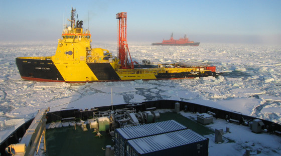 An armada of three icebreakers kept abundant ice at bay so that ocean-drilling scientists could collect sediment core samples from beneath the Arctic sea floor.