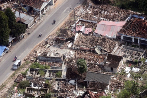 An aerial view of destroyed houses in Bantul, Yogyakarta, on Thursday. The death toll from last week's earthquake has continued to rise.