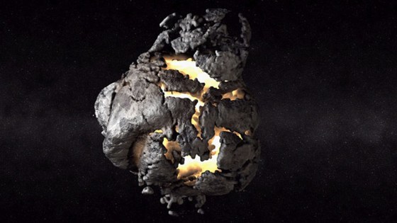 A supercomputer created this shock physics simulation, showing a 10-megaton nuclear device exploding at asteroid Golevka’s center of mass. The simulation provided realism in the way cracks would form and propagate if the asteroid were a single, solid rock with strength.