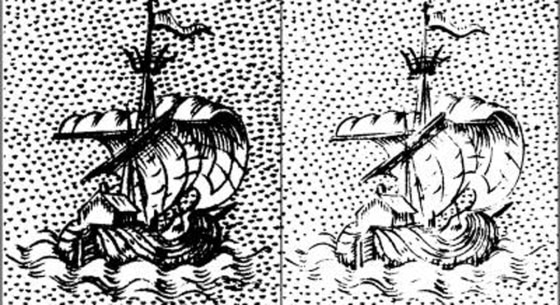 These images are close-ups of a half-inch-wide (centimeter-wide) section of prints from two editions of an Italian Renaissance book by Porcacchi. The left image is from a 1576 edition, the right from 1604. The comparison illustrates time-dependent image fading, useful for dating books and prints.