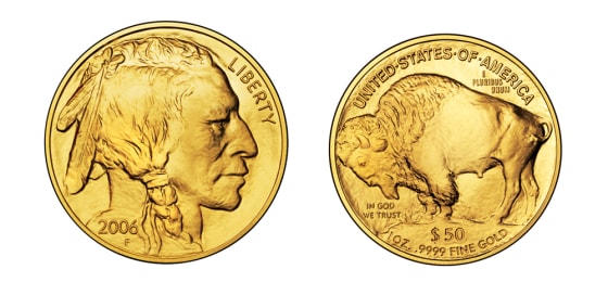 These images provided by the U.S. Mint show the front and back of the American Buffalo coin. The design is the same one that was on the nickel from 1913 until 1938.