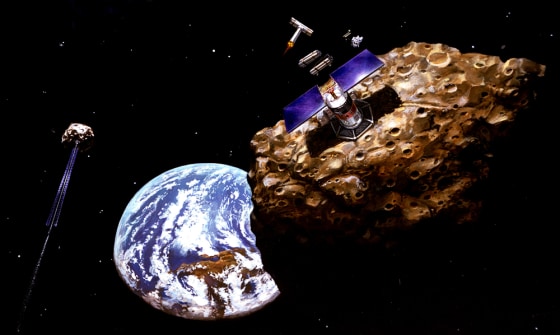 An artist’s conception shows a robotic mining operation on a near-Earth asteroid. Researchers have suggested using a robot to “steer” a small asteroid into a threatening space rock and break it into more manageable pieces.