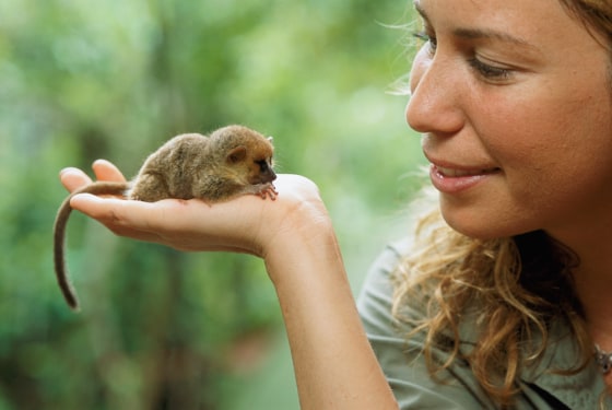 Mireya Mayor with a mouse lemur.