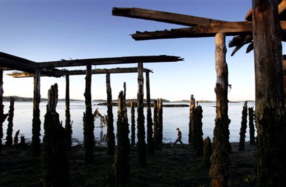 Tom Baker, 12, explores the shore under the pilings of a former sardine factory, on the Western Passage on Passamaquoddy Bay in Eastport, Maine. Researchers say the area's extreme tides make the waterway a prime location for placing turbines underwater to generate electricity.